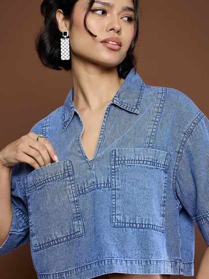 Women Blue Blast Denim Patch Pocket Crop Top