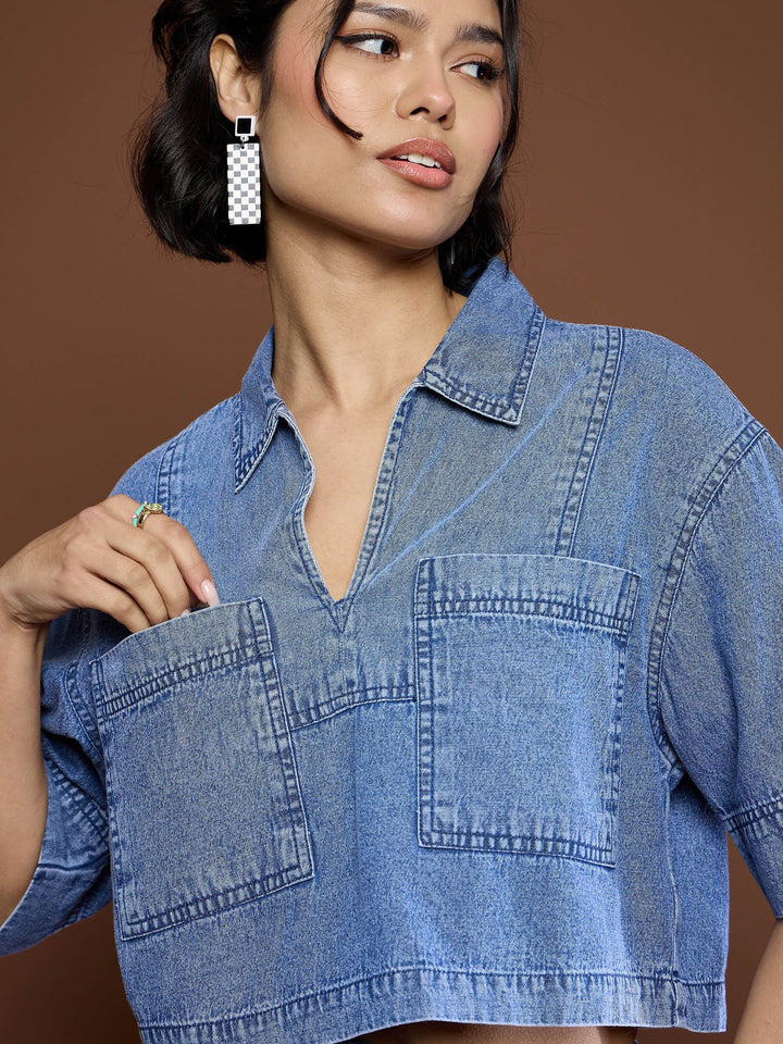 Women Blue Blast Denim Patch Pocket Crop Top