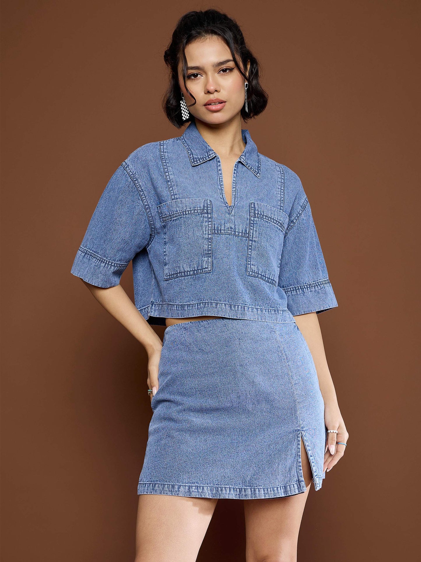 Women's Women Blue Blast Denim Patch Pocket Crop Top With Skorts in Cotton by Sassafras for wholesale, bulk, supplier, manufacturer and wholesaler buyers from Trendphoria