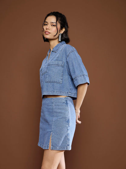 Women Blue Blast Denim Patch Pocket Crop Top With Skorts