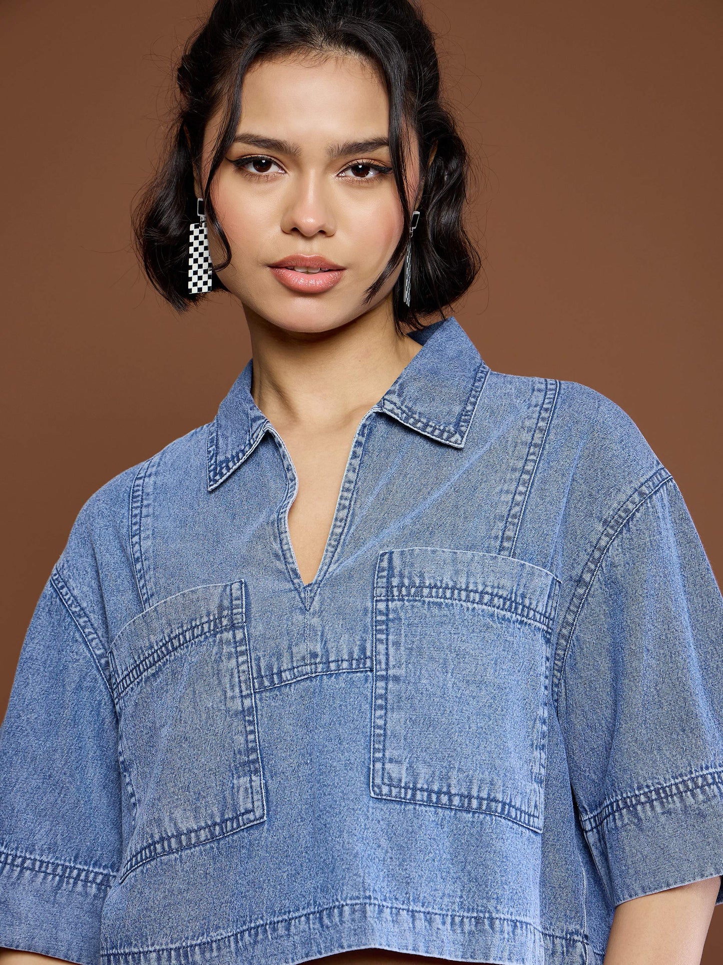 Women Blue Blast Denim Patch Pocket Crop Top With Skorts