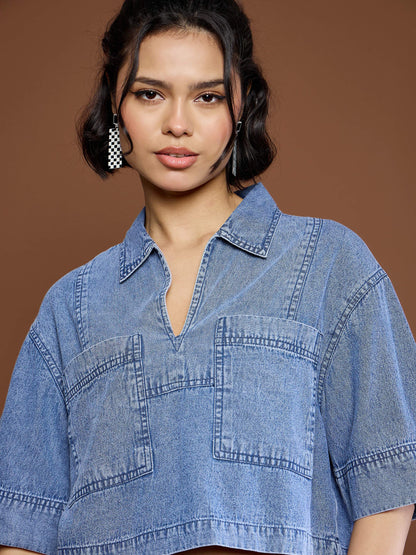 Women Blue Blast Denim Patch Pocket Crop Top With Skorts