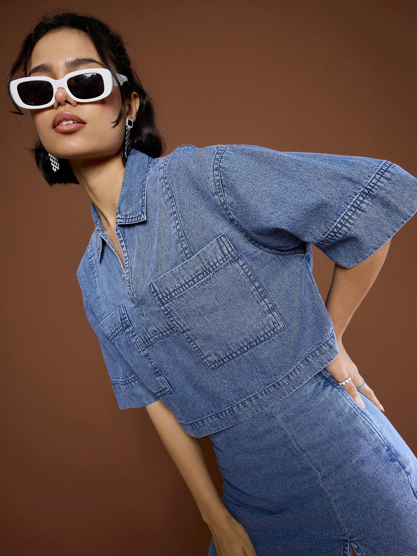 Women Blue Blast Denim Patch Pocket Crop Top With Skorts