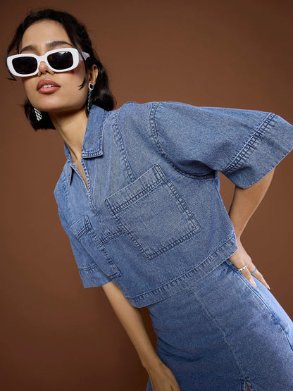 Women Blue Blast Denim Patch Pocket Crop Top With Skorts