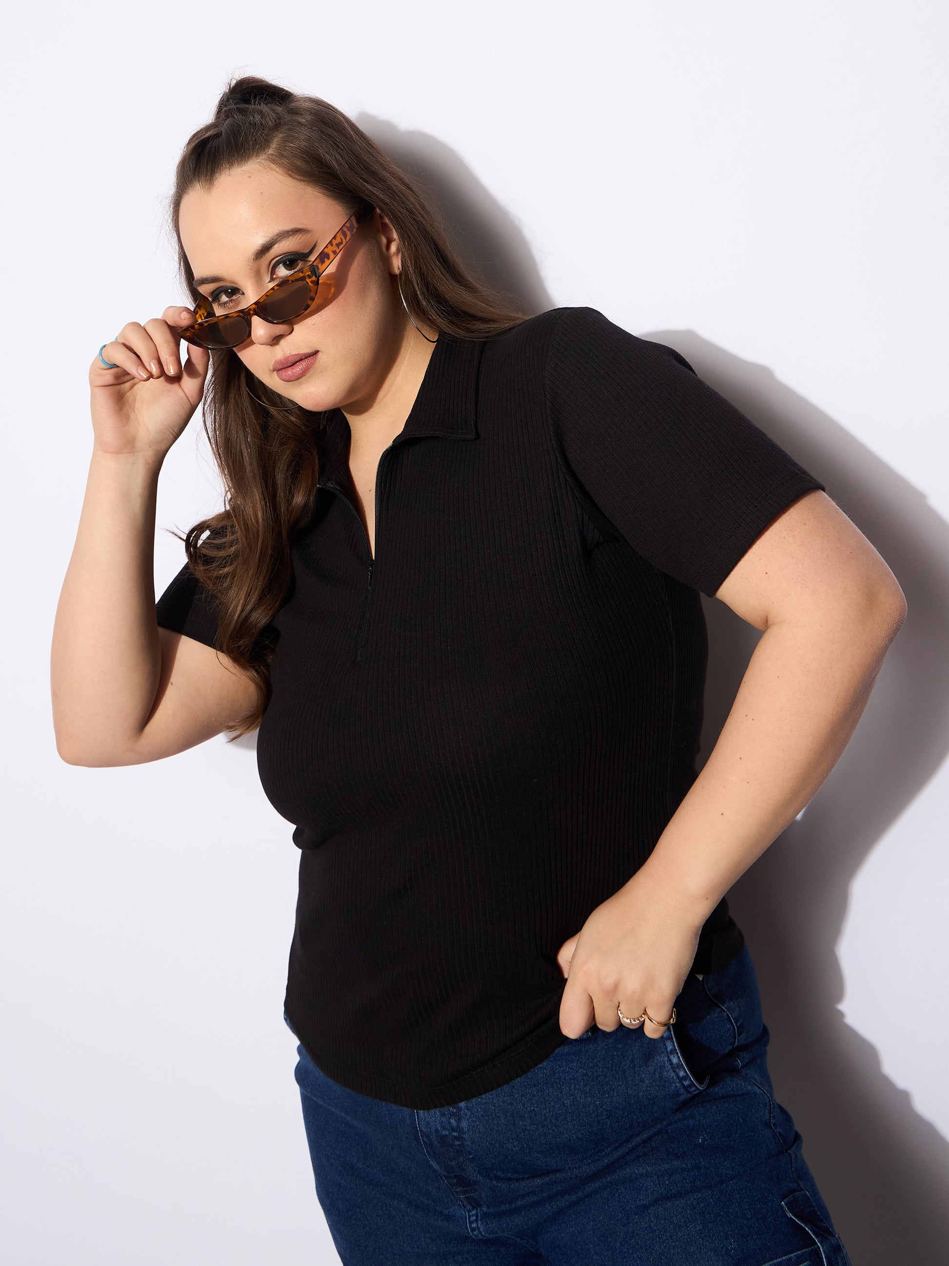 Plus size women's Black Polycotton Black Rib Front Zipper Polo Neck Top by Sassafras Curve for wholesale buyers, boutiques, resellers and bulk orders