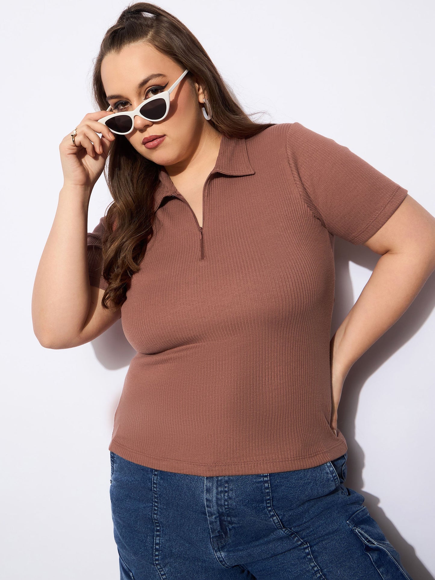 Plus size women's Brown Polycotton Brown Rib Front Zipper Polo Neck Top by Sassafras Curve for wholesale buyers, boutiques, resellers and bulk orders