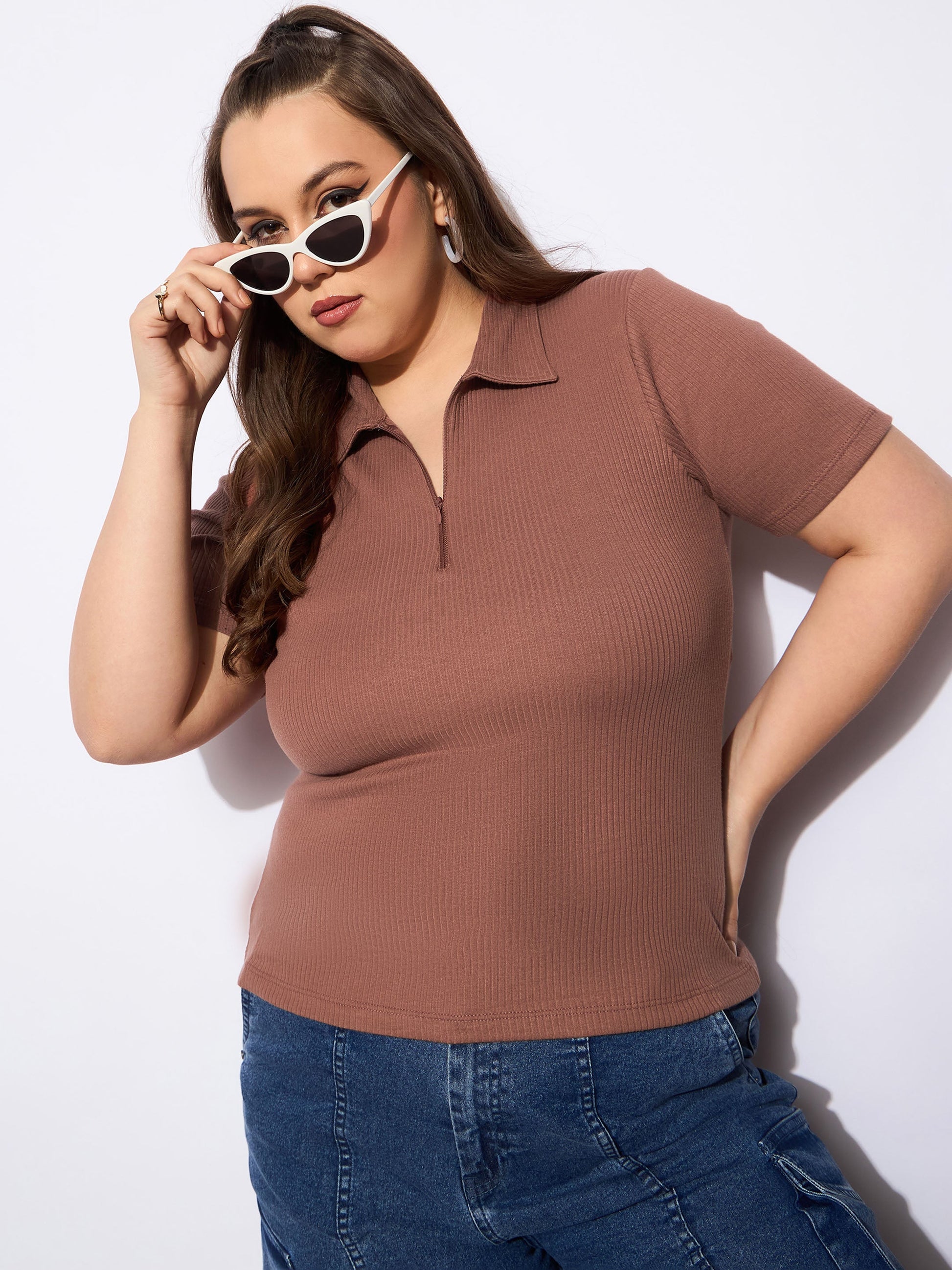 Plus size women's Brown Polycotton Brown Rib Front Zipper Polo Neck Top by Sassafras Curve for wholesale buyers, boutiques, resellers and bulk orders
