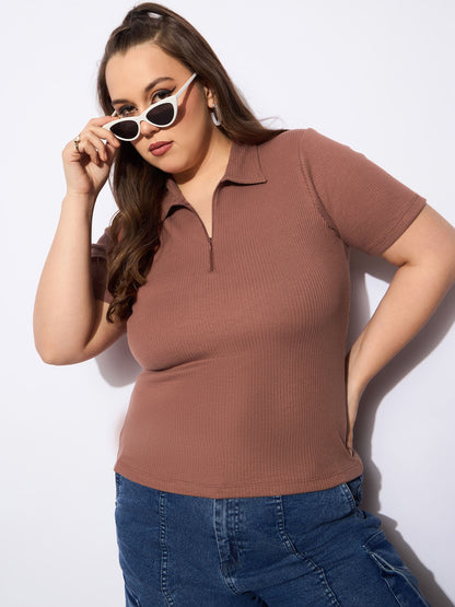 Plus size women's Brown Polycotton Brown Rib Front Zipper Polo Neck Top by Sassafras Curve for wholesale buyers, boutiques, resellers and bulk orders