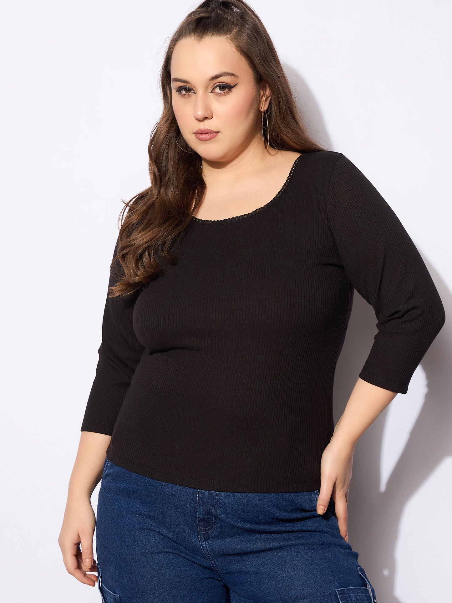 Black Rib Round Neck Lace Detail Top