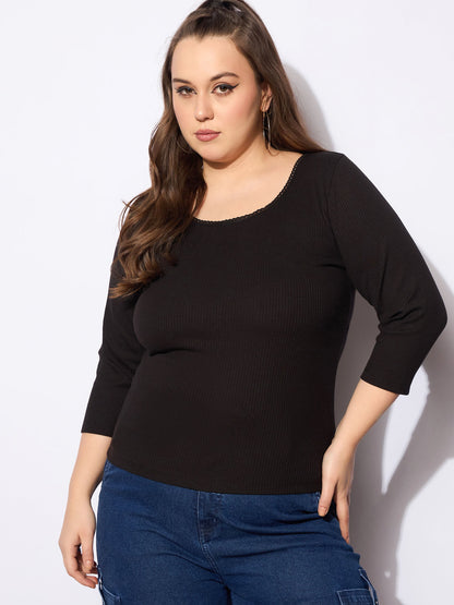 Black Rib Round Neck Lace Detail Top