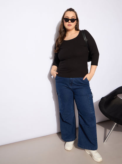 Black Rib Round Neck Lace Detail Top