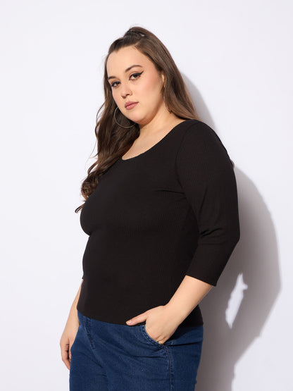 Black Rib Round Neck Lace Detail Top