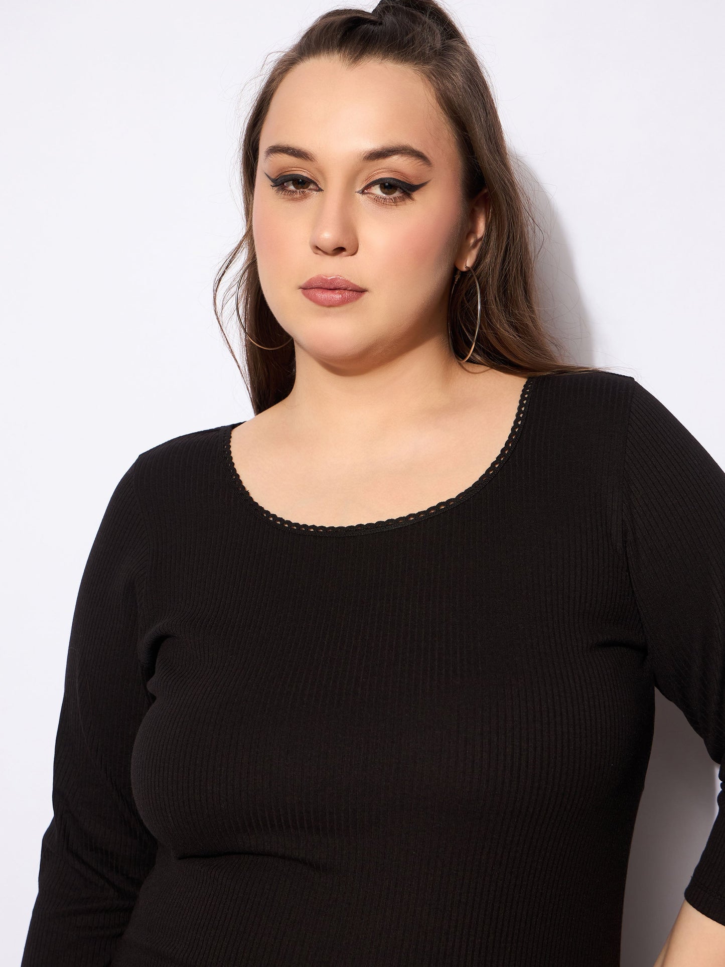 Black Rib Round Neck Lace Detail Top
