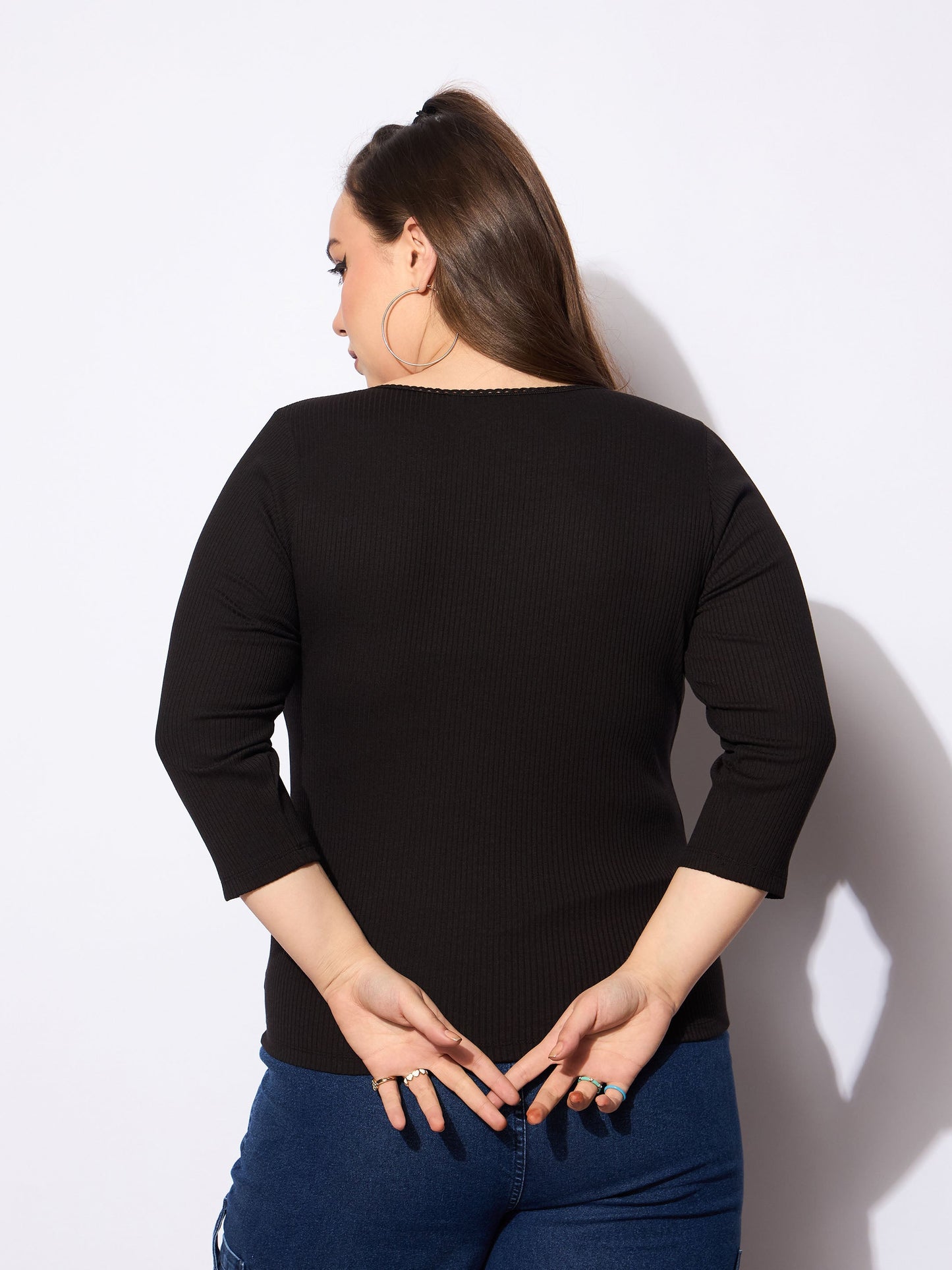 Black Rib Round Neck Lace Detail Top