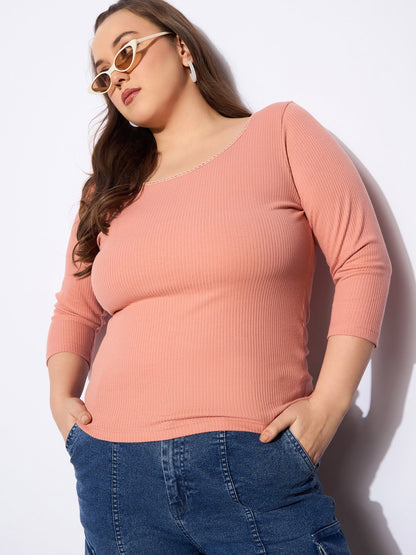 Pink Rib Round Neck Lace Detail Top