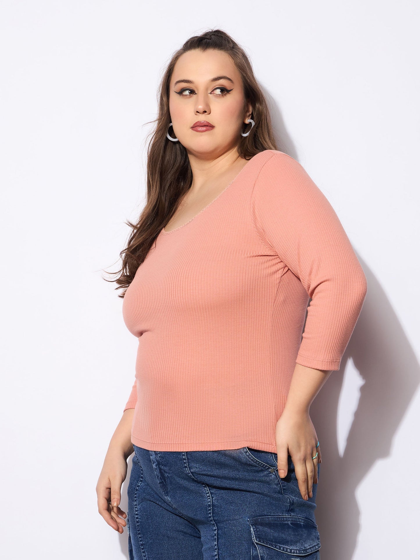 Pink Rib Round Neck Lace Detail Top