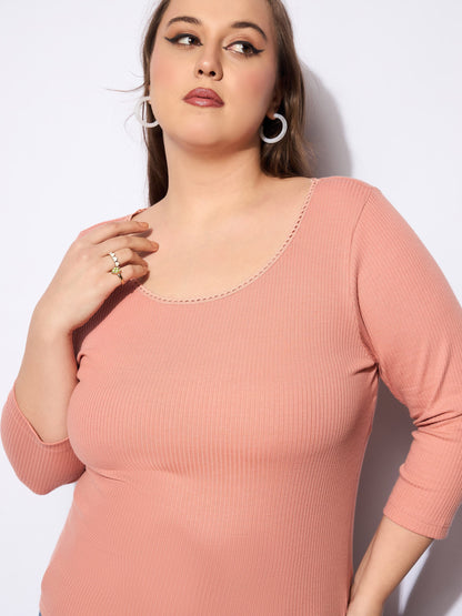 Pink Rib Round Neck Lace Detail Top