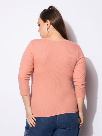 Pink Rib Round Neck Lace Detail Top