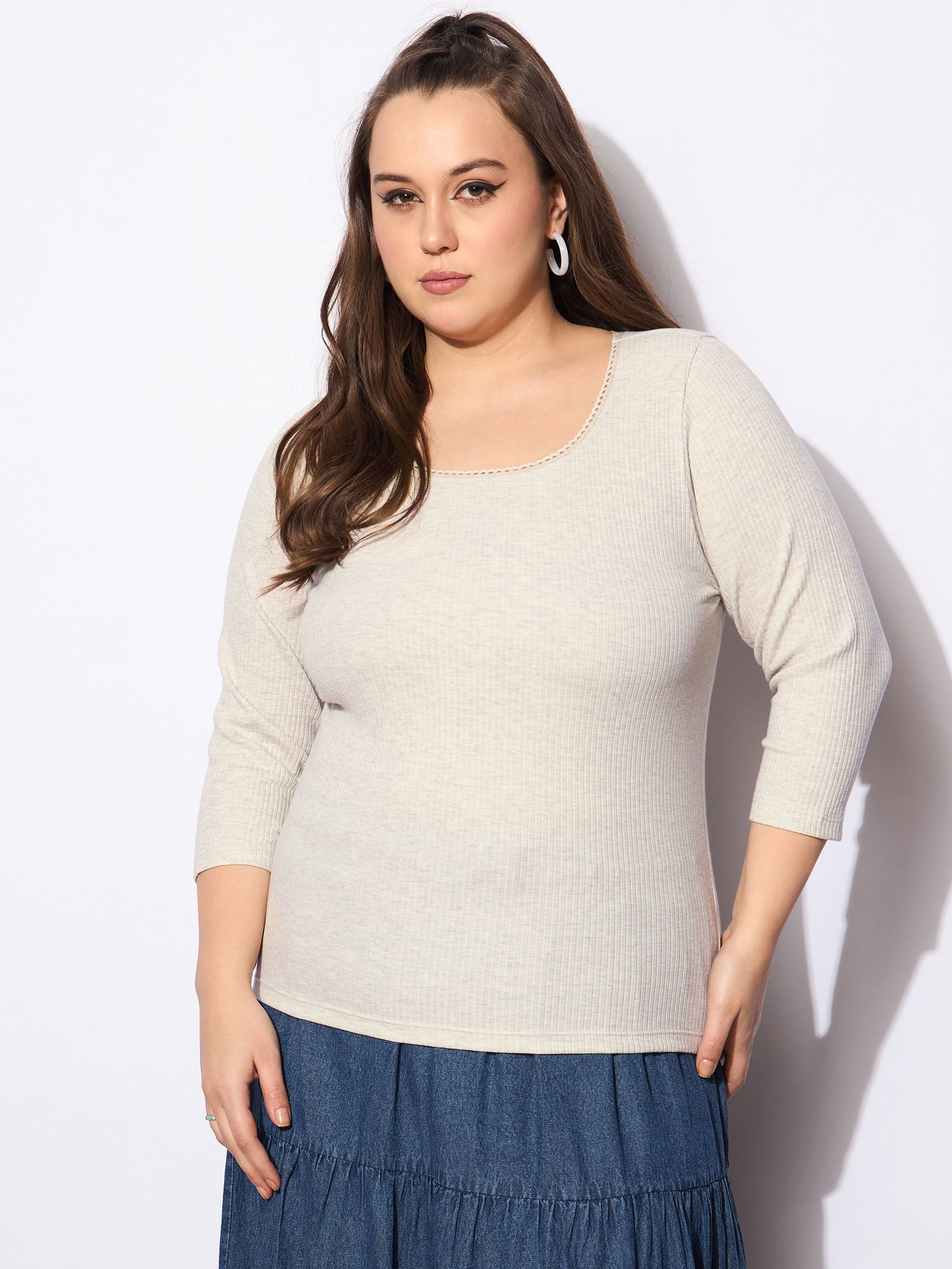 Beige Melange Round Neck Lace Detail Top