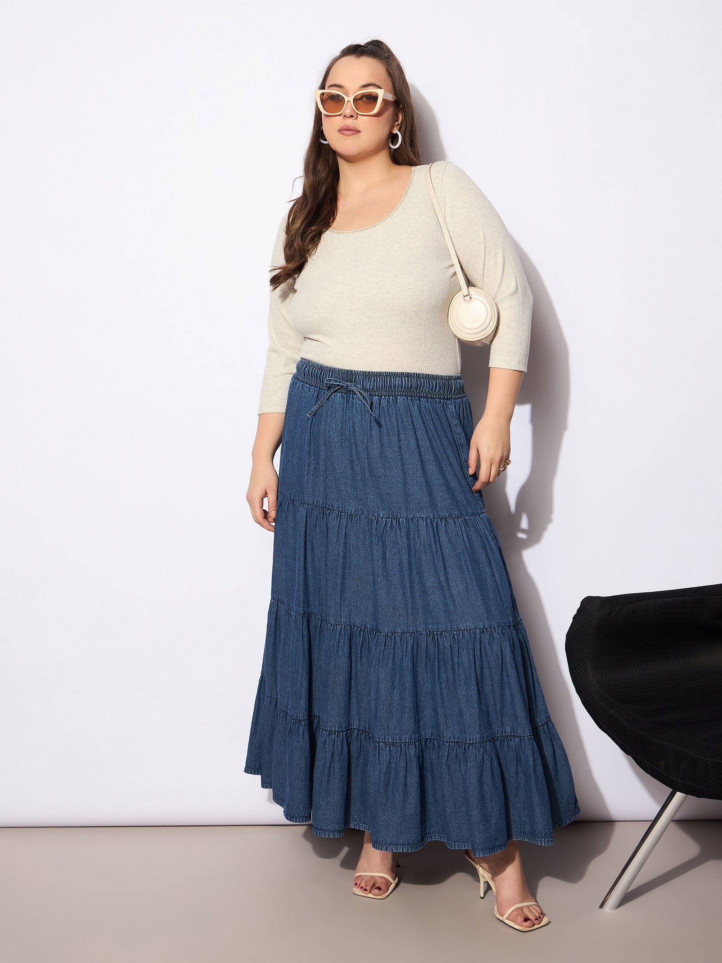 Beige Melange Round Neck Lace Detail Top