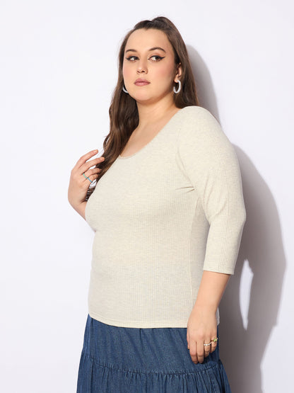 Beige Melange Round Neck Lace Detail Top