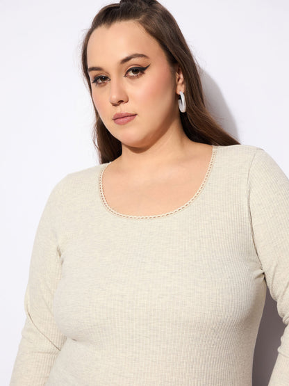 Beige Melange Round Neck Lace Detail Top