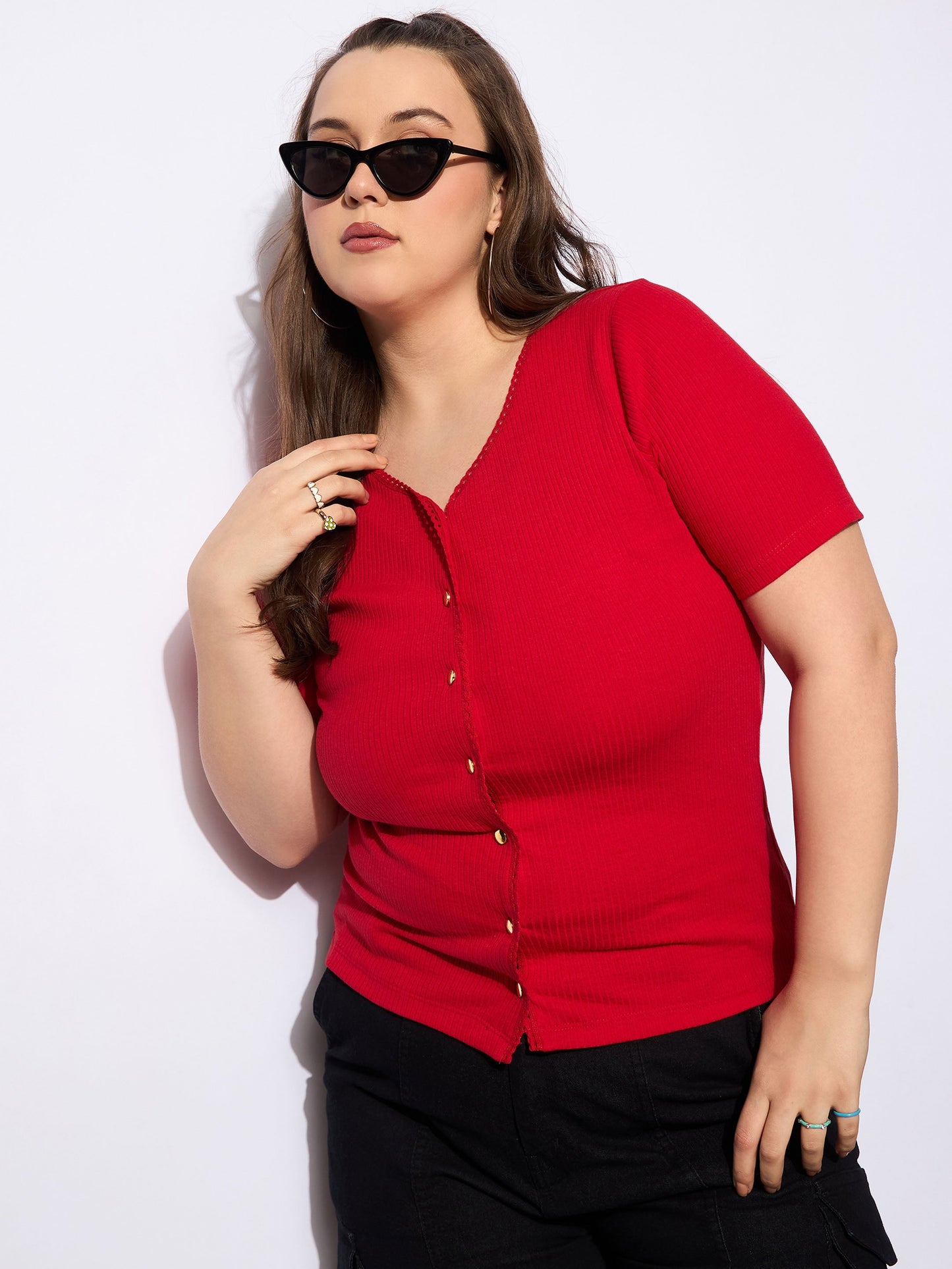 Plus size women's Red Polycotton Red Rib Front Button Lace Detail Top by Sassafras Curve for wholesale buyers, boutiques, resellers and bulk orders