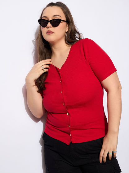 Plus size women's Red Polycotton Red Rib Front Button Lace Detail Top by Sassafras Curve for wholesale buyers, boutiques, resellers and bulk orders