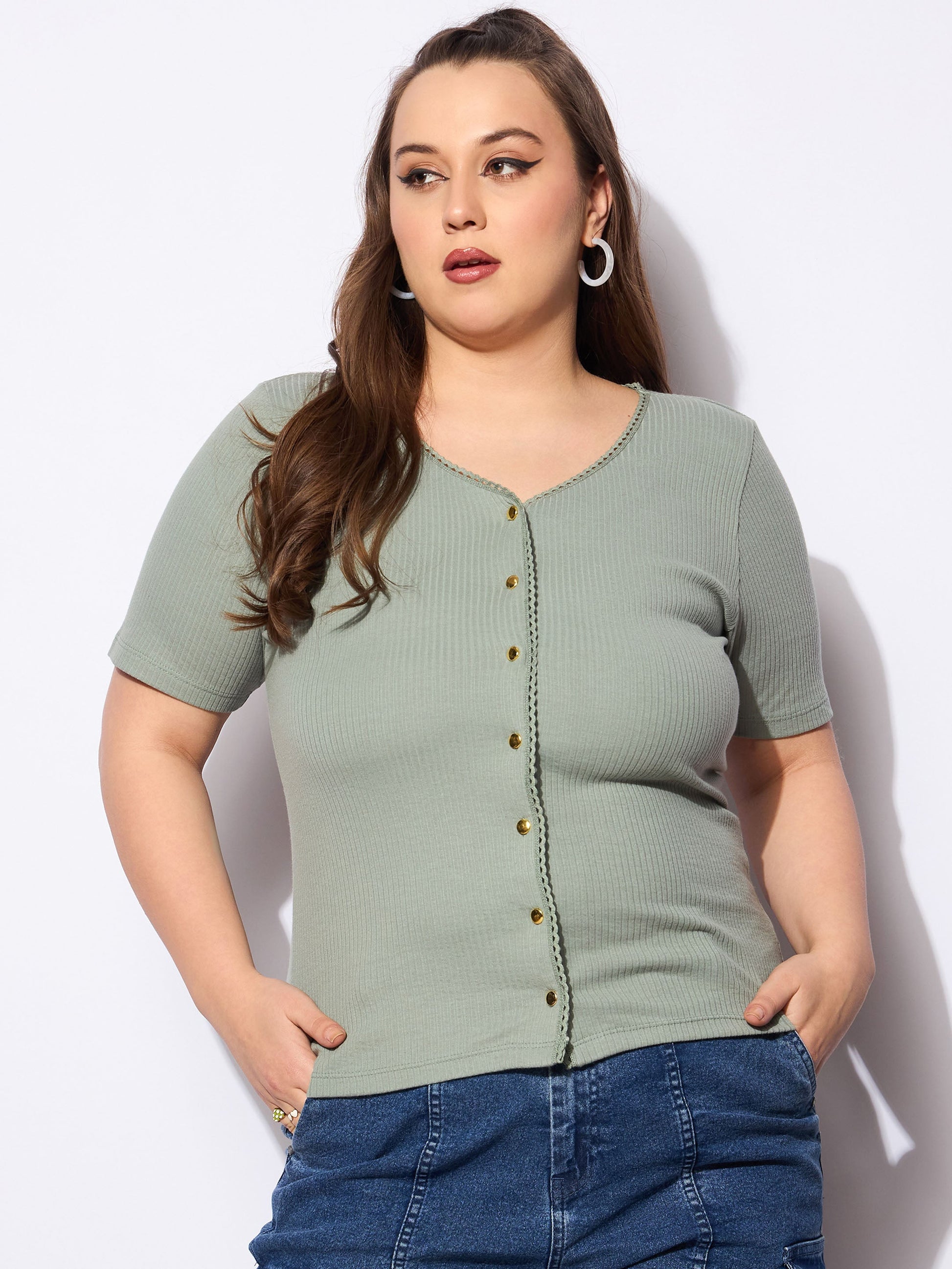 Plus size women's Green Polycotton Green Rib Front Button Lace Detail Top by Sassafras Curve for wholesale buyers, boutiques, resellers and bulk
