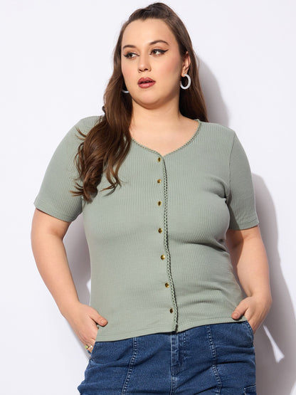 Plus size women's Green Polycotton Green Rib Front Button Lace Detail Top by Sassafras Curve for wholesale buyers, boutiques, resellers and bulk