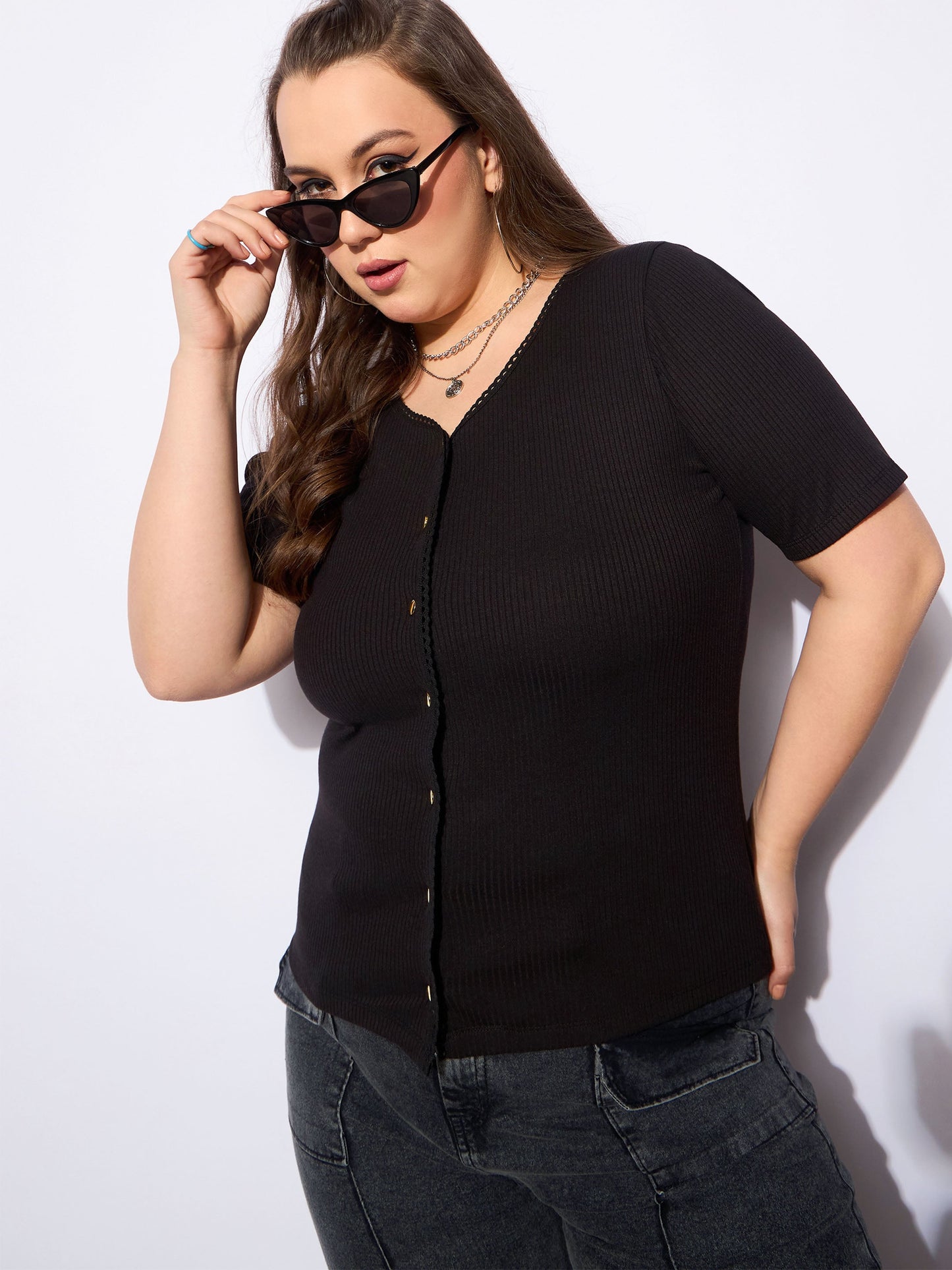 Plus size women's Black Polycotton Black Rib Front Button Lace Detail Top by Sassafras Curve for wholesale buyers, boutiques, resellers and bulk