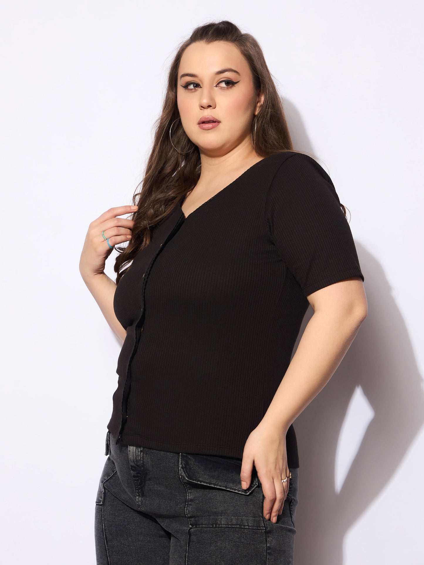 Black Rib Front Button Lace Detail Top -SASSAFRAS Curve