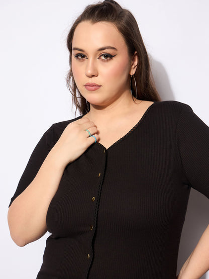 Black Rib Front Button Lace Detail Top -SASSAFRAS Curve