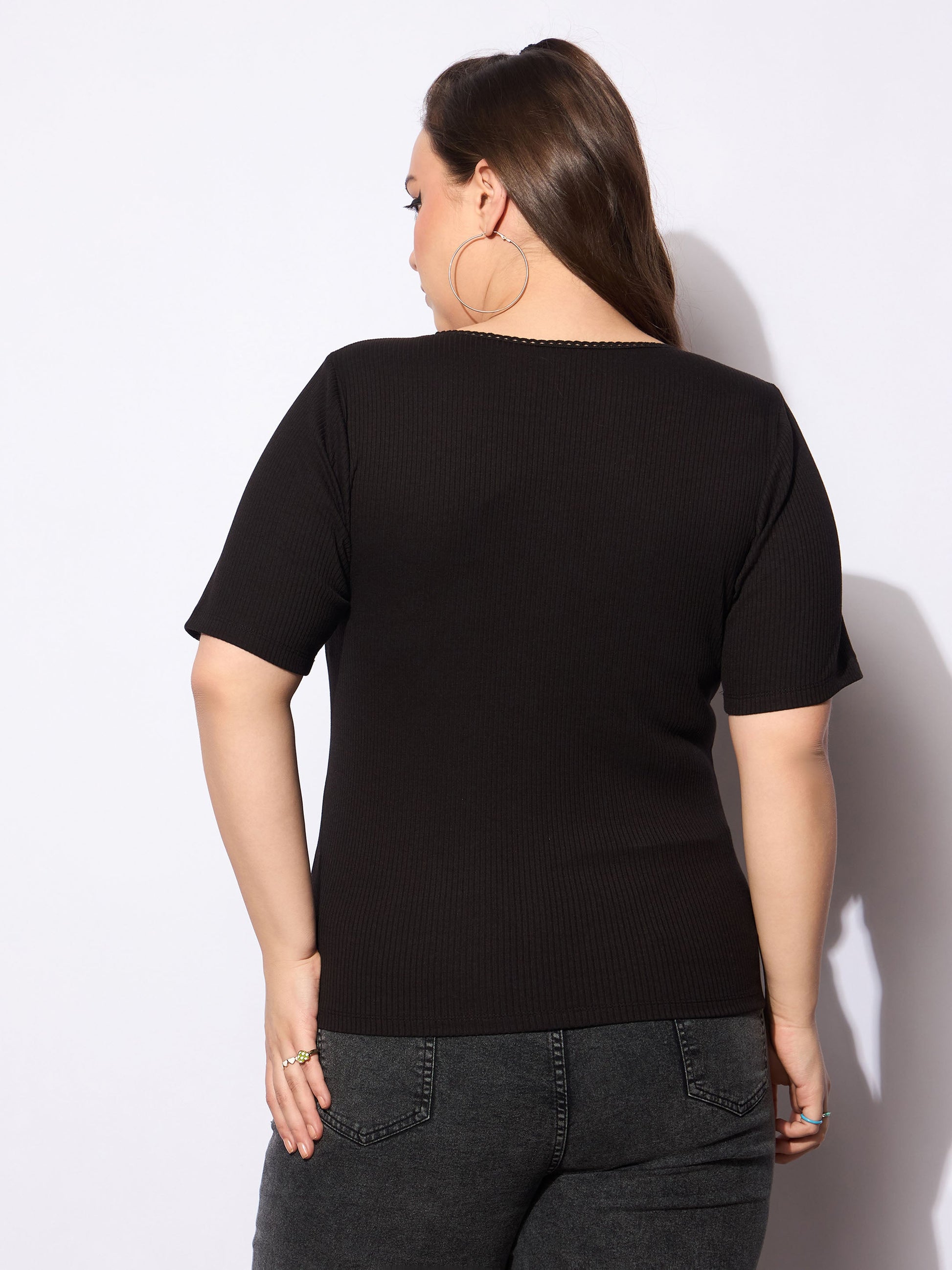 Black Rib Front Button Lace Detail Top -SASSAFRAS Curve