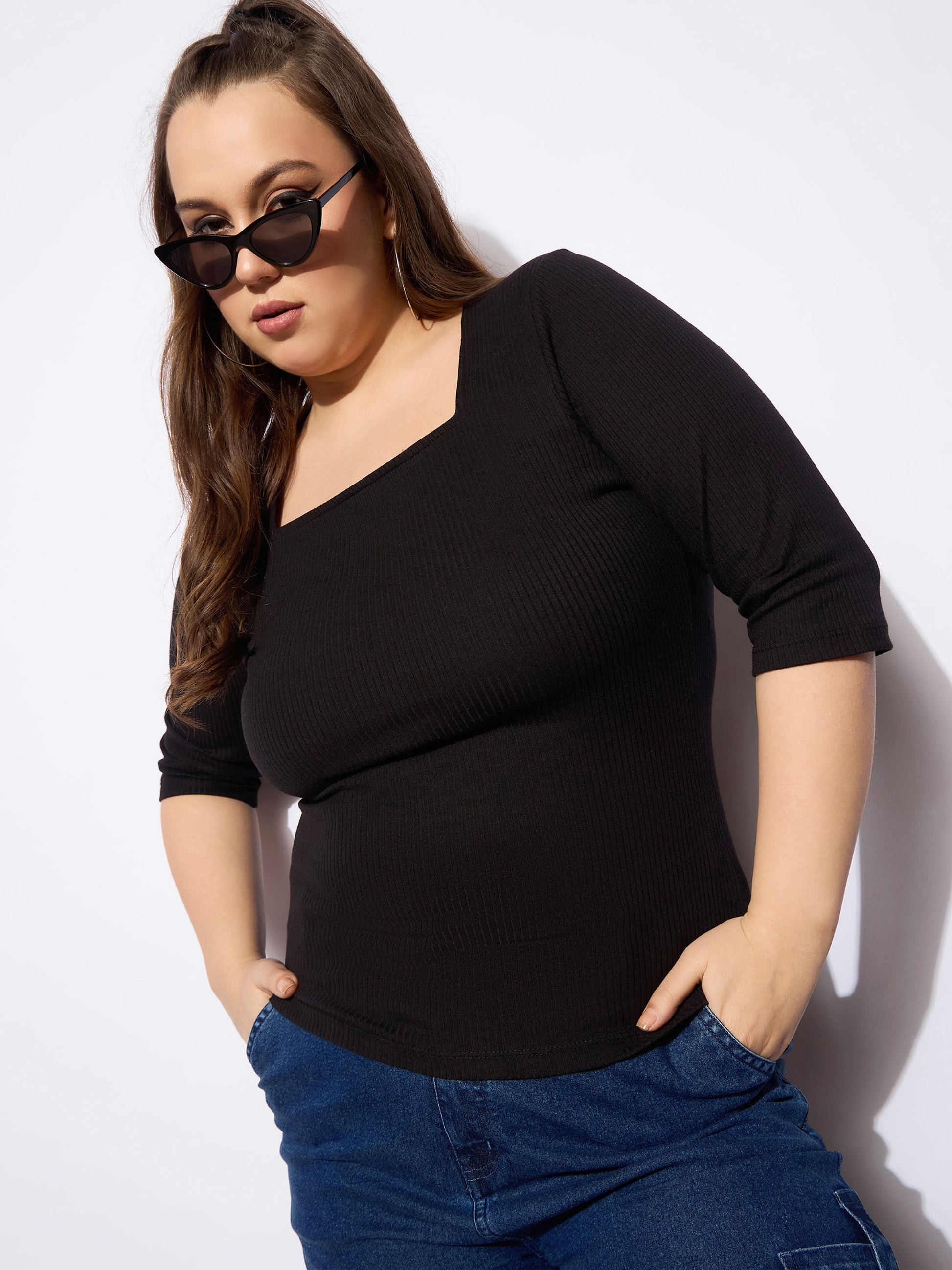 Plus size women's Black Polycotton Black Rib Square Neck Top by Sassafras Curve for wholesale buyers, boutiques, resellers and bulk orders from