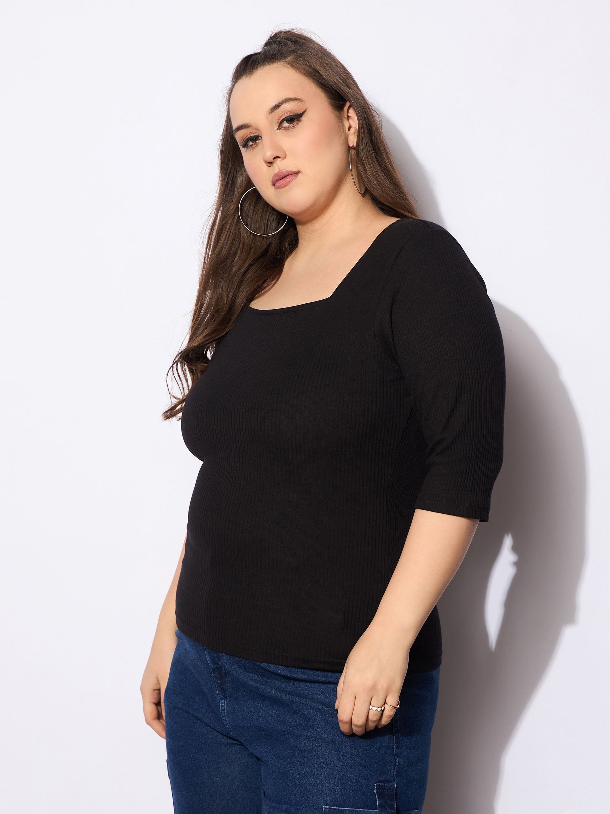 Black Rib Square Neck Top -SASSAFRAS Curve