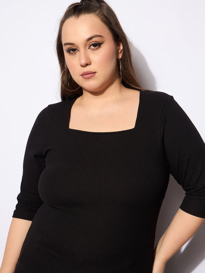 Black Rib Square Neck Top -SASSAFRAS Curve