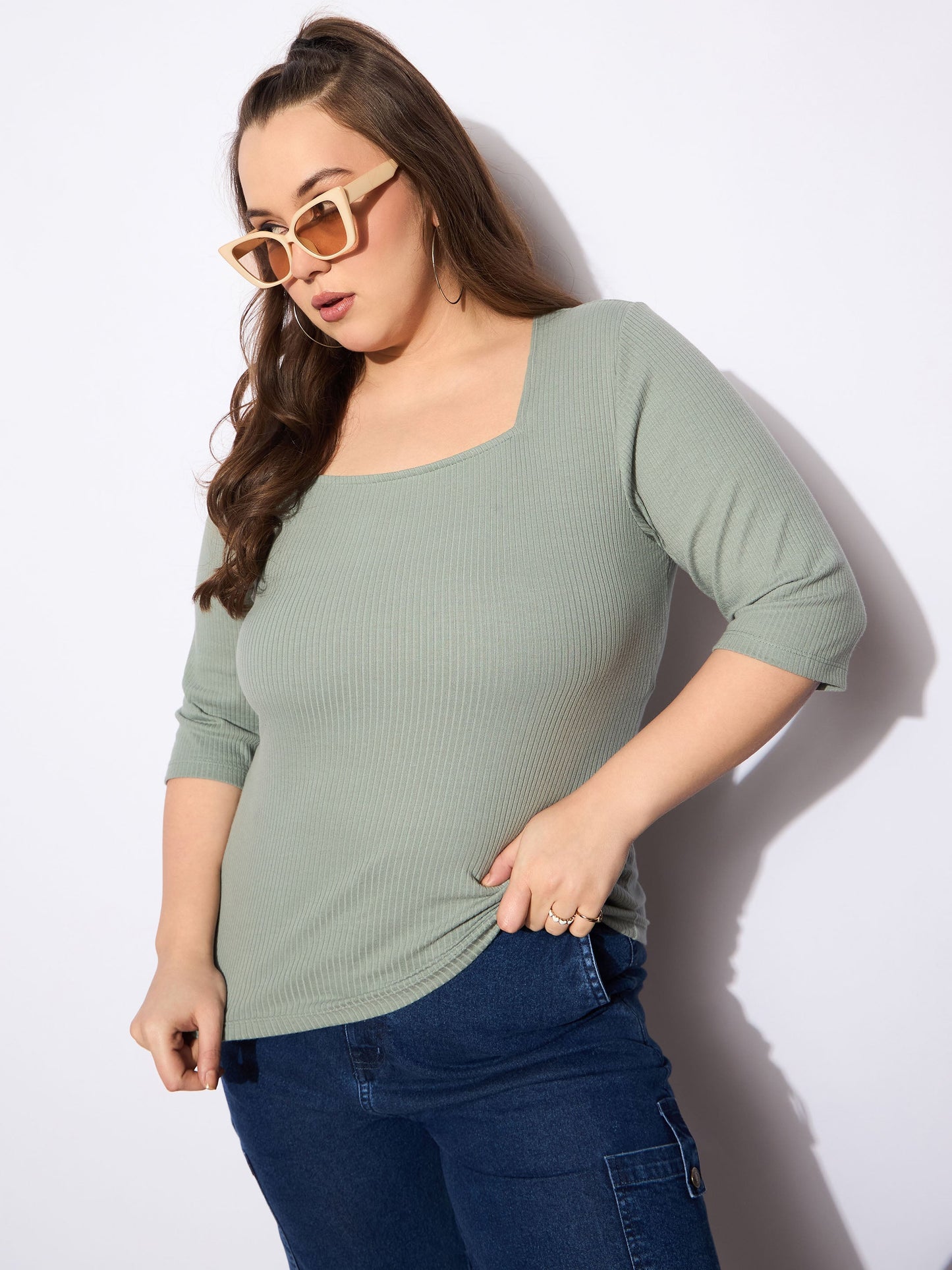 Green Rib Square Neck Top