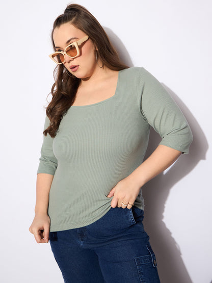 Green Rib Square Neck Top