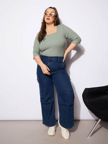 Green Rib Square Neck Top