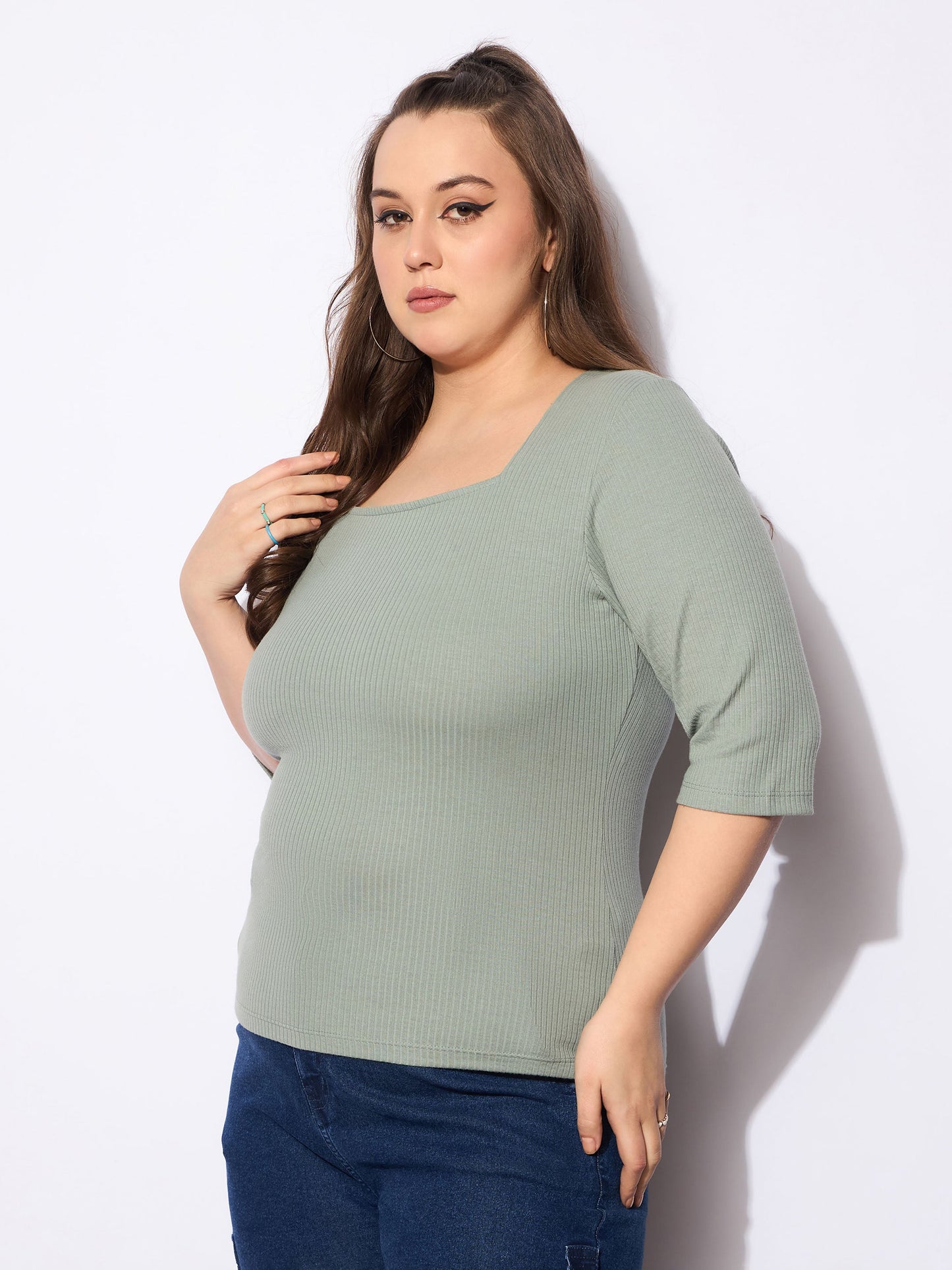 Green Rib Square Neck Top