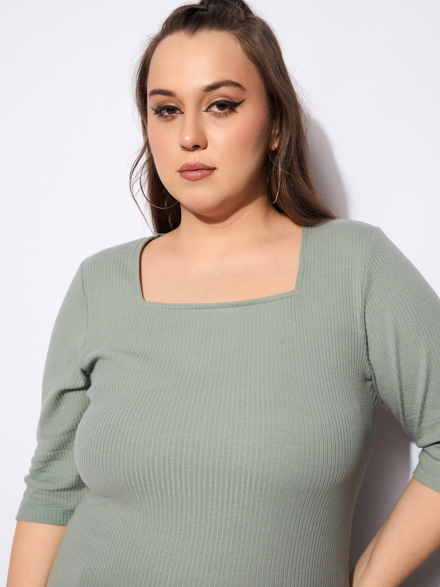 Green Rib Square Neck Top