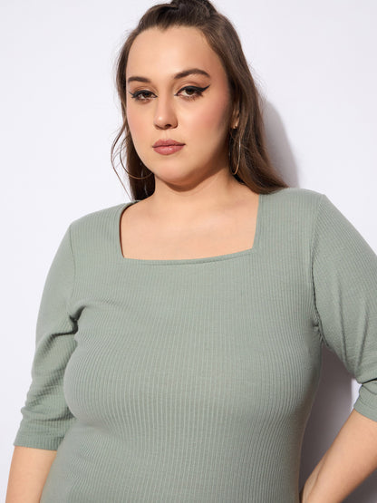 Green Rib Square Neck Top
