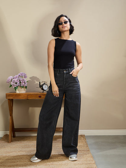 Black Jersey Sleeveless Ruched Crop Top