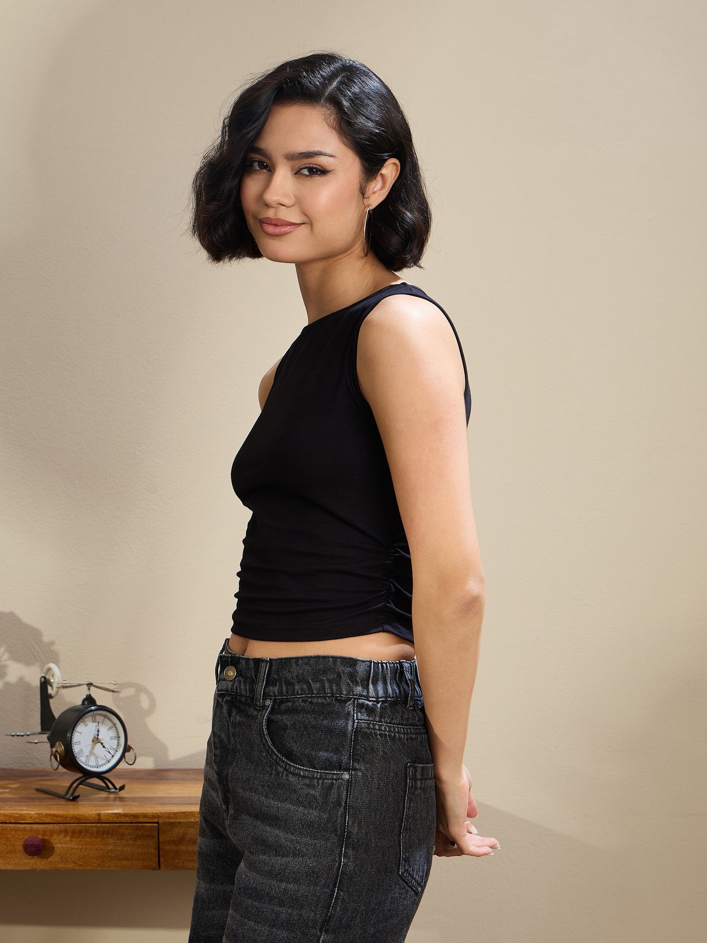 Black Jersey Sleeveless Ruched Crop Top