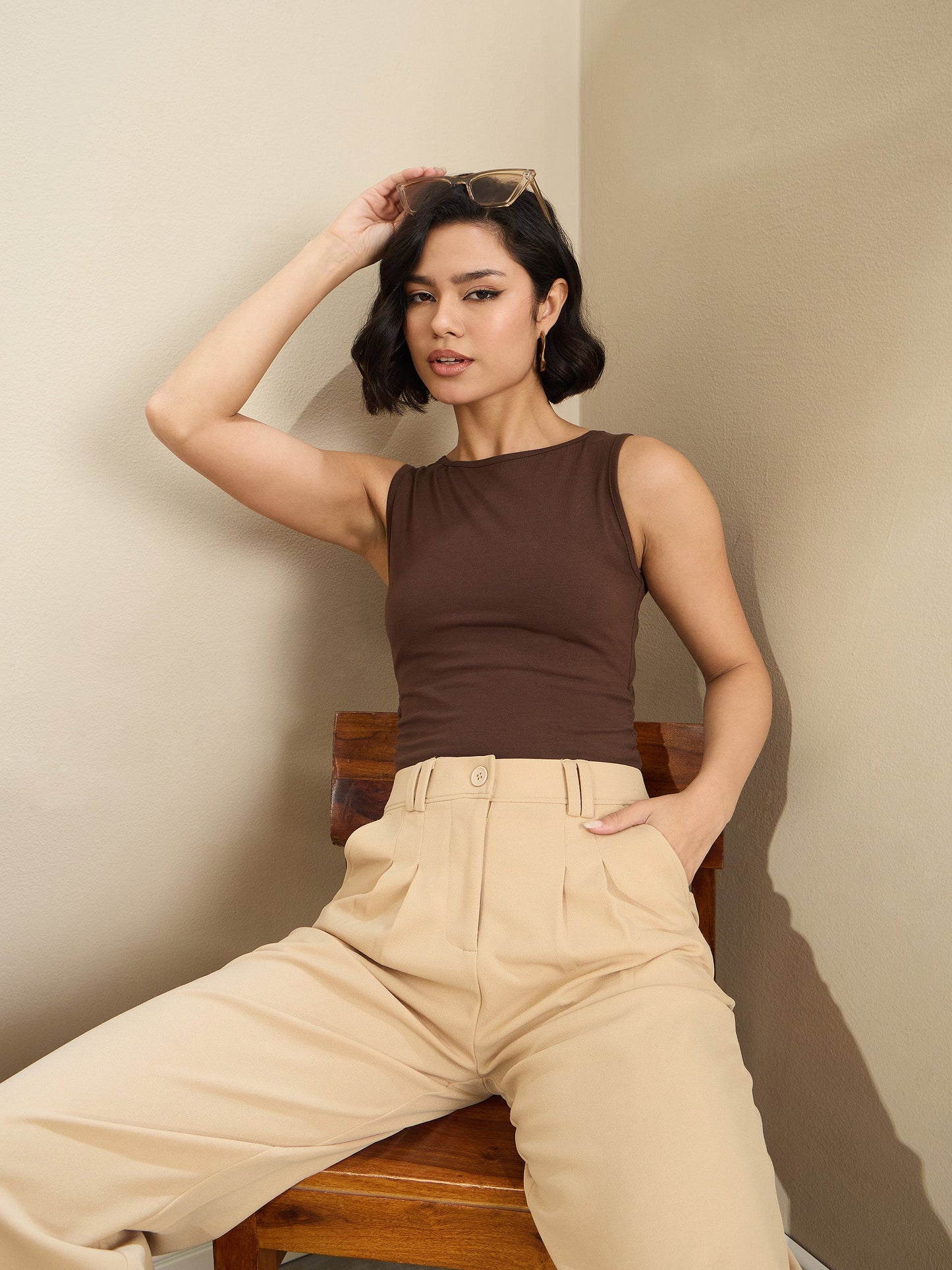Brown Jersey Sleeveless Crop Top