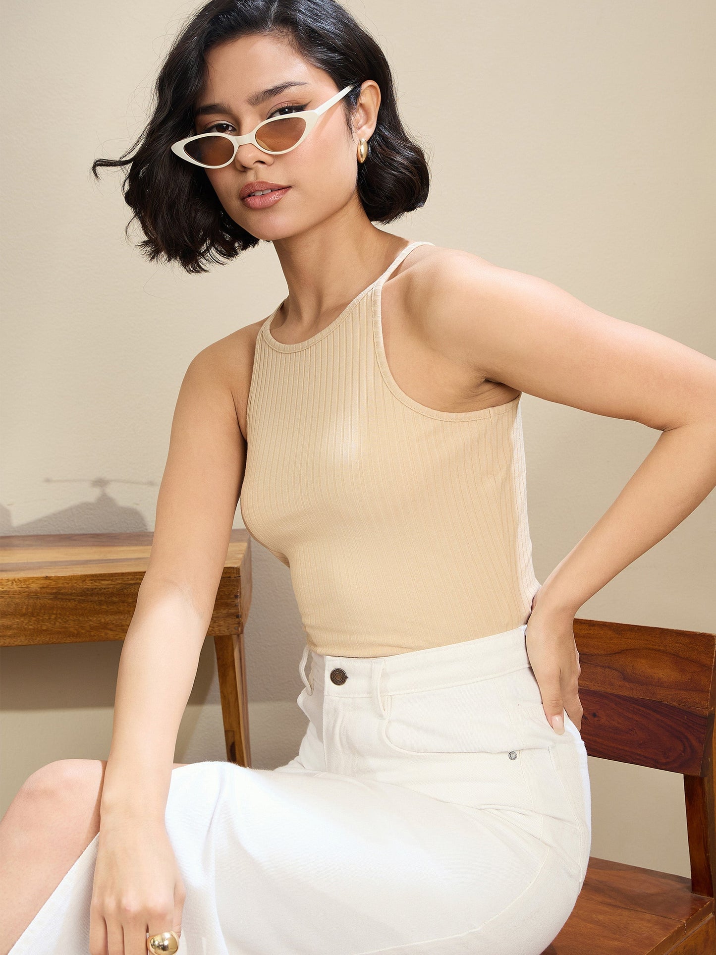 Beige Rib Box Back Top