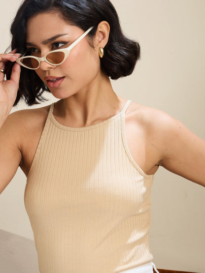 Beige Rib Box Back Top