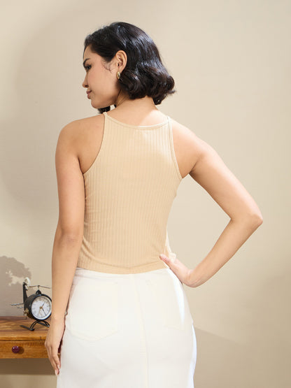 Beige Rib Box Back Top