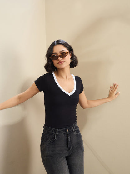 Black Contrast Deep V-Neck Crop T-Shirt